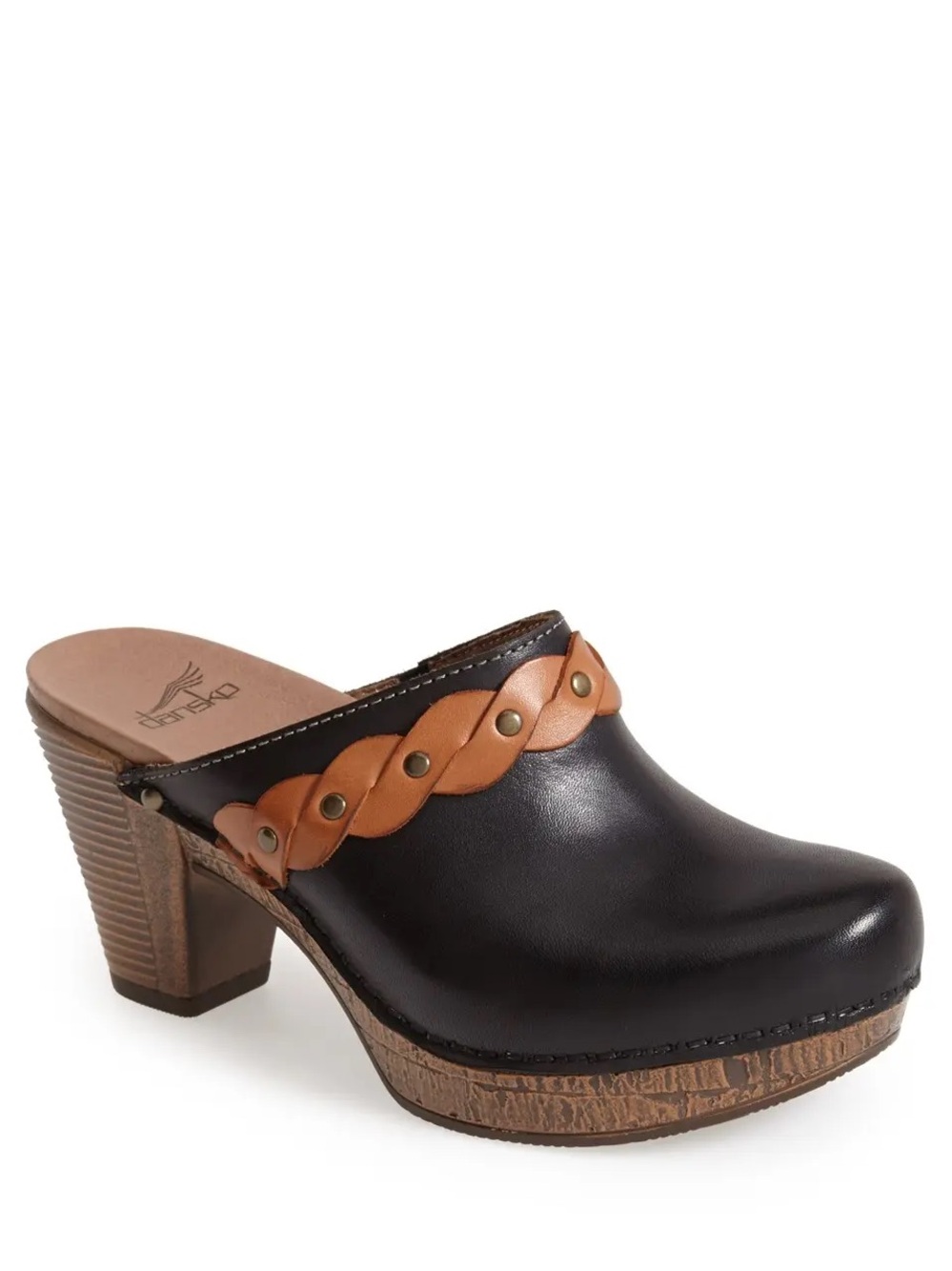 Dansko Ranch Mule Clogs Slip On Heeled Studded Braided Leather Black Tan 37